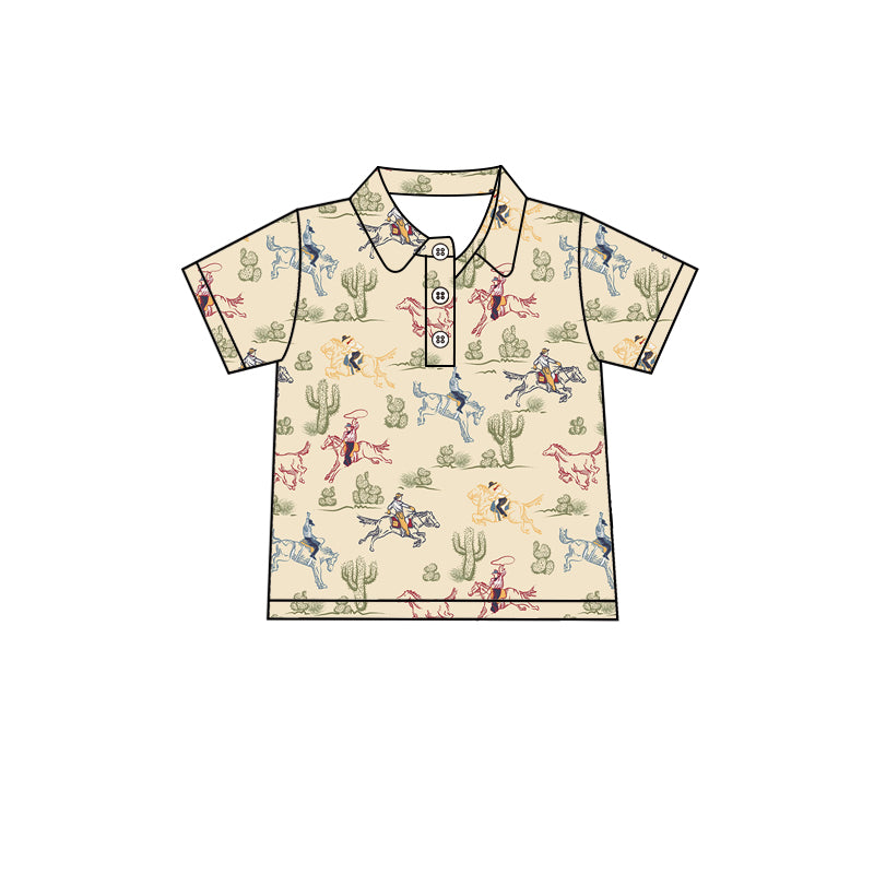 Preorder (moq 5)Baby Boys Khaki Short Sleeves Button Horse Rodeo Cactus Polo Shirts Top