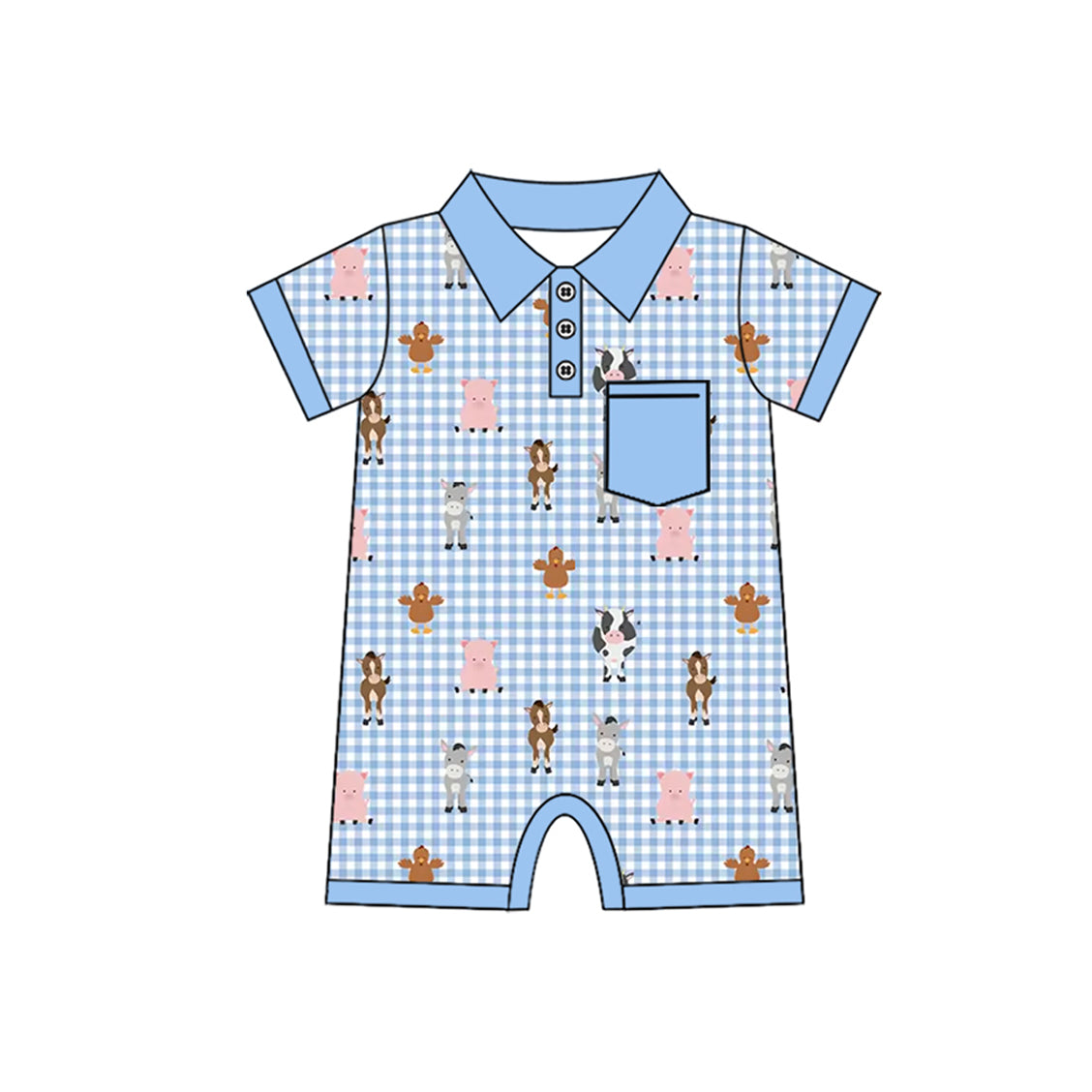 Preorder(moq 5)Baby Infant Boys Farm Checkered Cows Pocket Rompers
