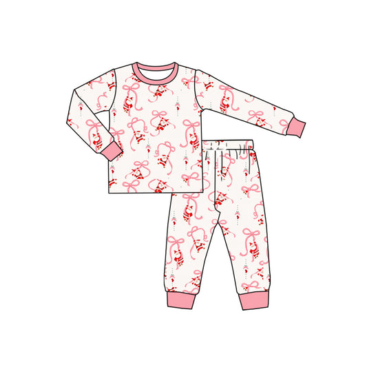 Preorder (moq 5)Baby Girls Long Sleeves Pink Bows Santa Top Pant Pajamas Set
