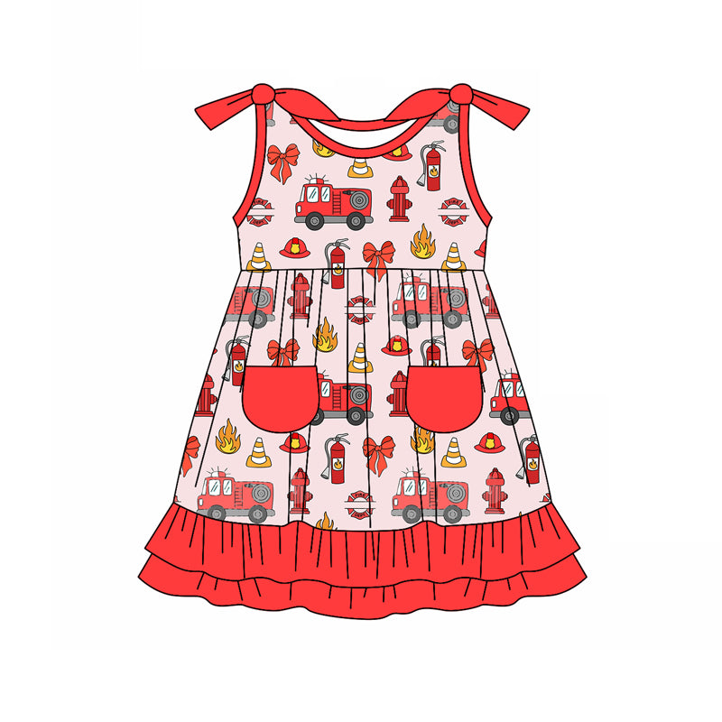 Preorder (moq 5)Baby Girls Firetrucks Bows Knee Length Dresses