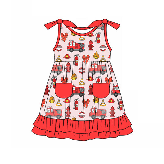 Preorder (moq 5)Baby Girls Firetrucks Bows Knee Length Dresses