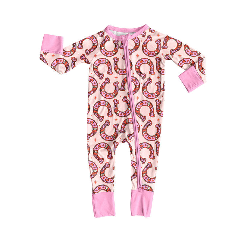 Preorder (moq 5)Baby Girls Long Sleeve Horse Shoes Hearts Zipper Footie Rompers