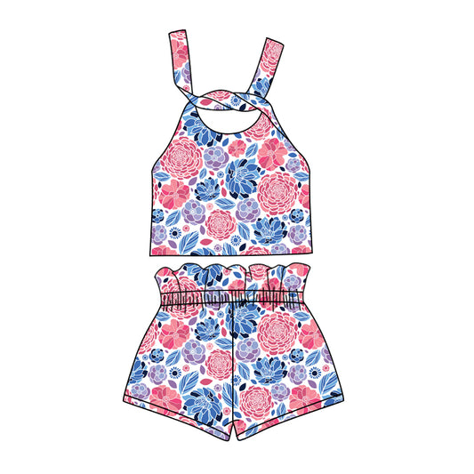 Preorder (moq 5)Baby Girls 4th Of July Flowers Straps Top Shorts Clothes Sets