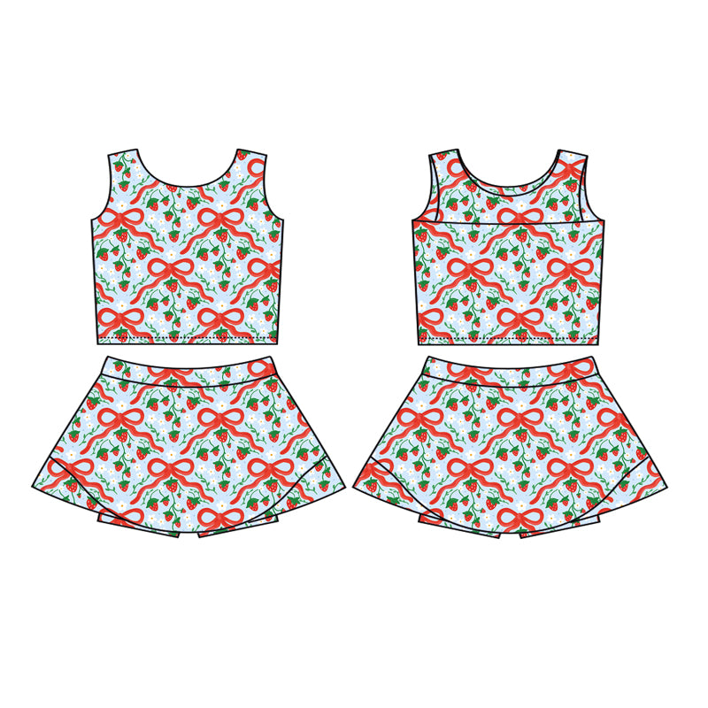 Preorder (moq 5)Baby Girls Red Bows Strawberry Plaid Vest Top Skorts Set