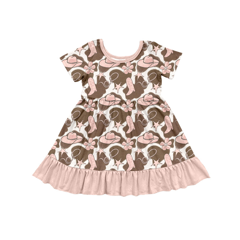 Preorder (moq 5)Baby Girls Pink Boot Hats Flowers Western Ruffle Knee Length Dresses