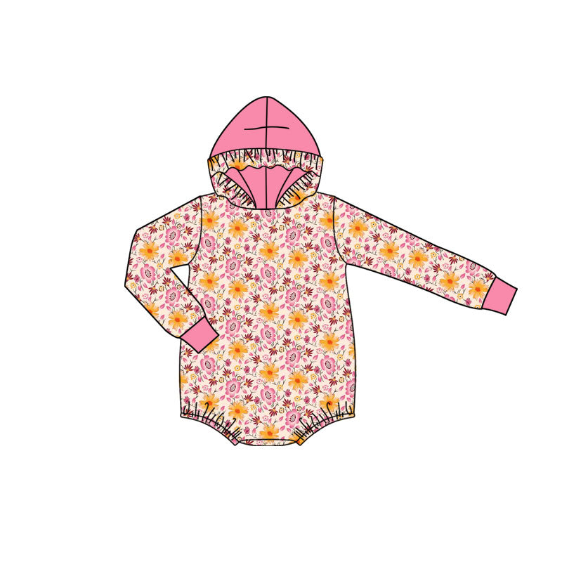 Preorder (moq 5)Baby Girls Long Sleeve Colorful Flowers Ruffle Hoodie Rompers