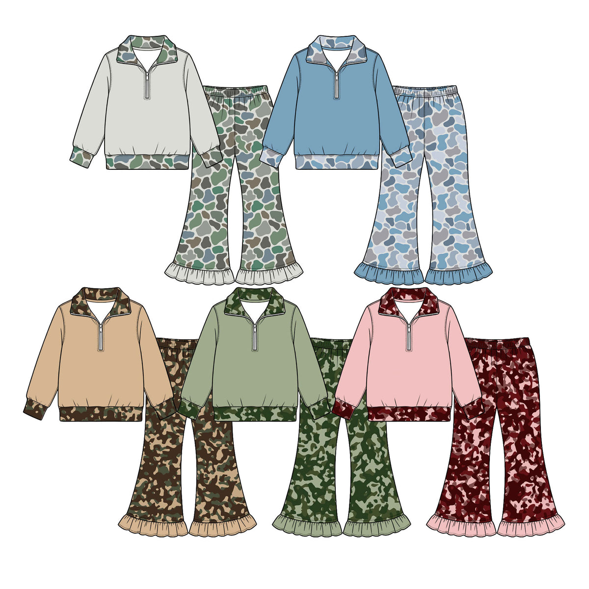 Preorder (moq 5) Baby Girl Clothes Green Duck Camo Print Half Zip Top Ruffle Flare Pants Outfit Set