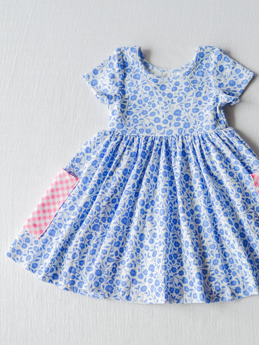 Baby Girls Short Sleeve Small Blue Flowers Pockets Knee Length Dresses preorder (moq 5)