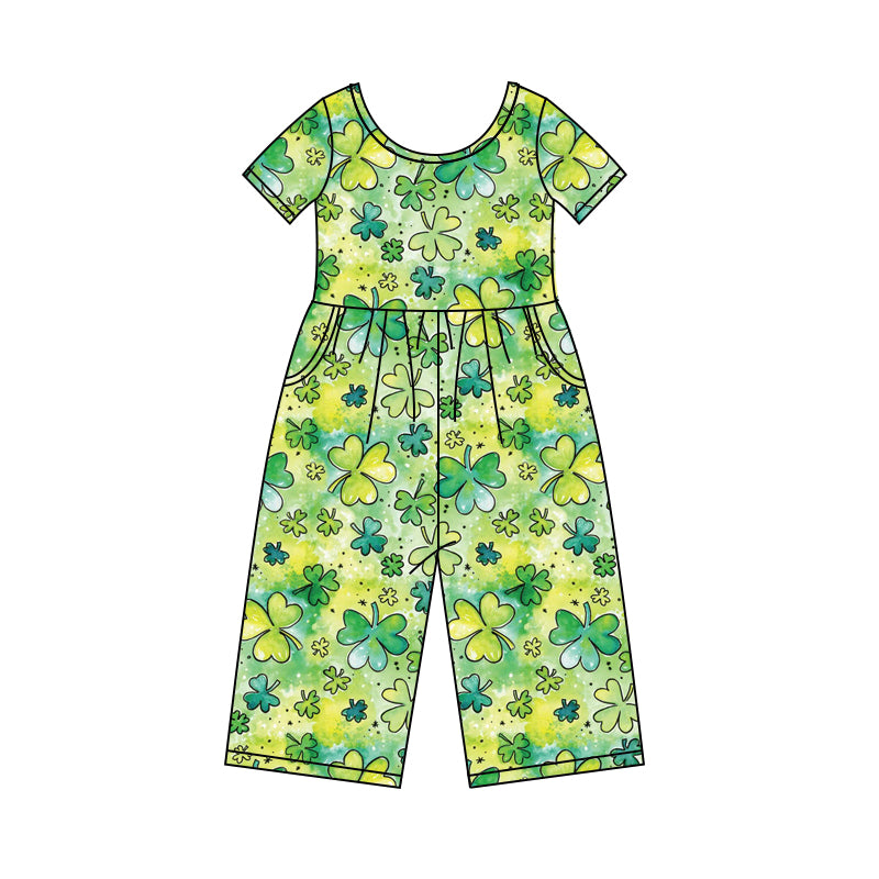 Baby Girls St Patrick Quatrefoil Tie Dye Pockets Jumpsuits preorder(MOQ 5)