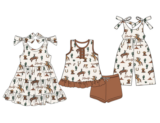 Preorder moq 5 Custom Baby Girls Horse Rodeos Cactus Button Tunic Brown Short Set Knee Length Dress Jumpsuits