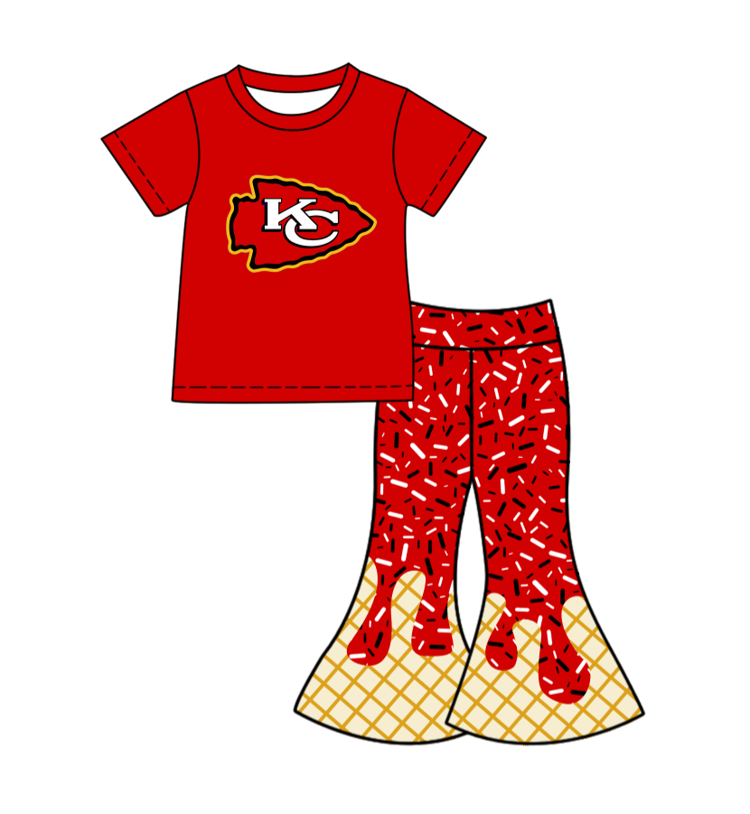 Preorder (moq 5)Baby Girls Red KC Top Drip Sprinkles Bell Bottom Pants Team Clothes Sets