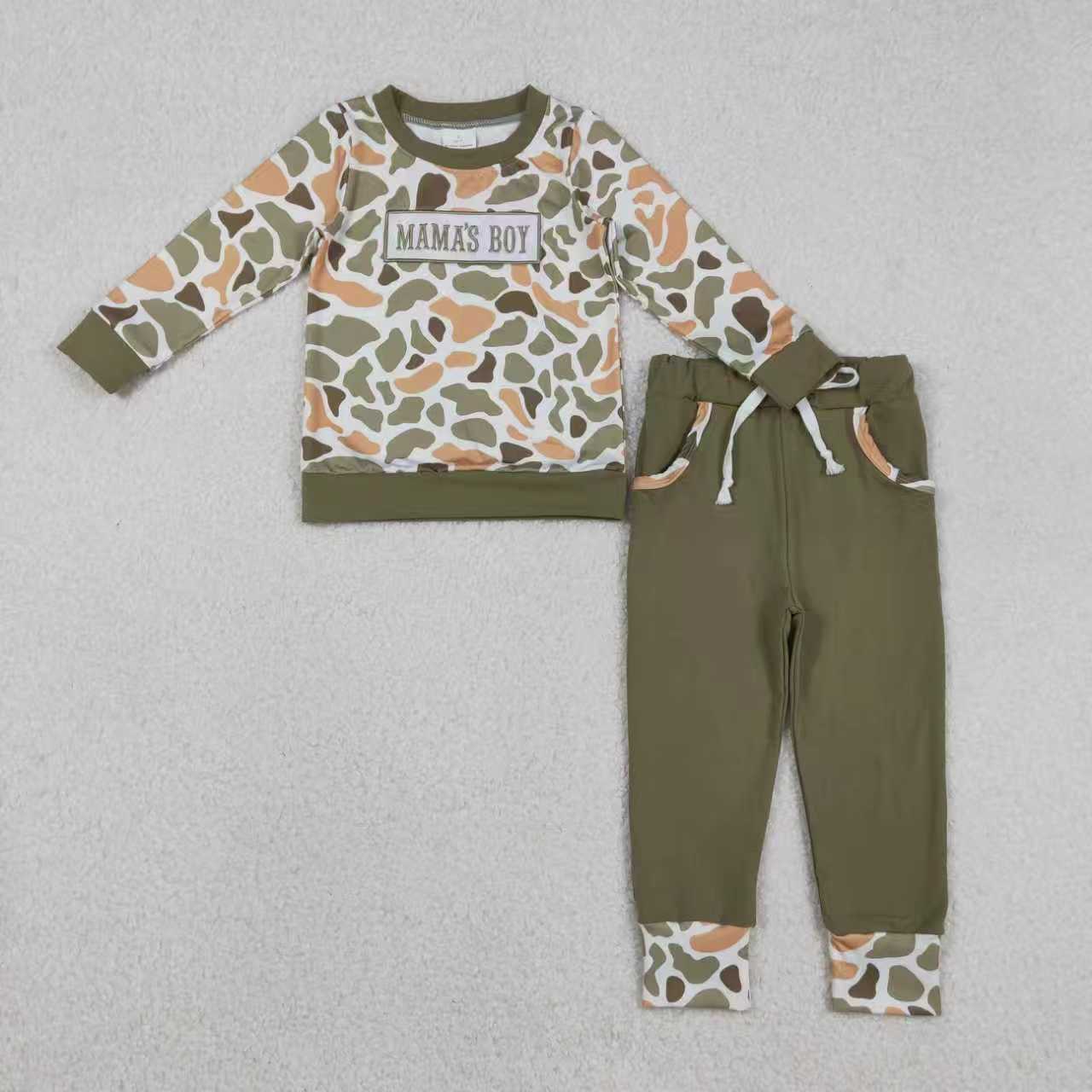 Sibling Baby Boys Embroidery Mama's Boy Orange Camo Pockets Pant Clothes Sets Hoodie Romper