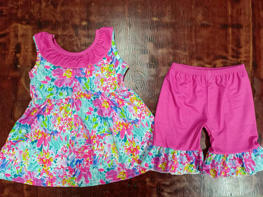 Preorder moq 5 Baby Girls Sleeveless Watercolor Floral Tunic Ruffle Short Set