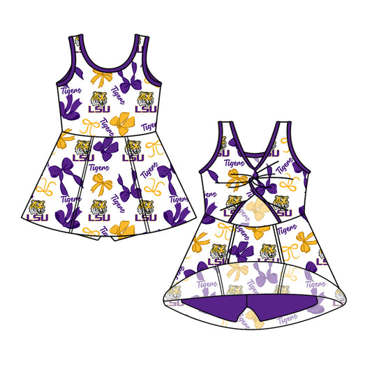Preorder (moq 5)Baby Girls Sleeveless LSU Tigers Bows Team Shorts Knee Length Dress