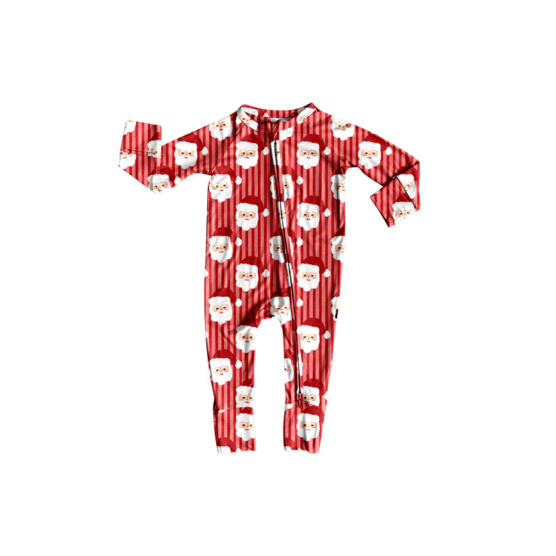 Preorder (moq 5)Baby Girls Red Stripe Santa Christmas Zipper Footie Rompers