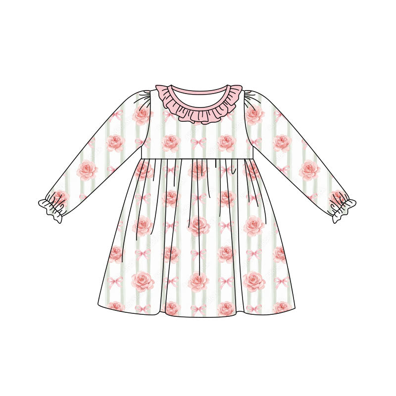 Preorder (moq 5) Baby Girl Clothes Rose Bow Stripe Print Long Sleeve Ruffle Neck Dress