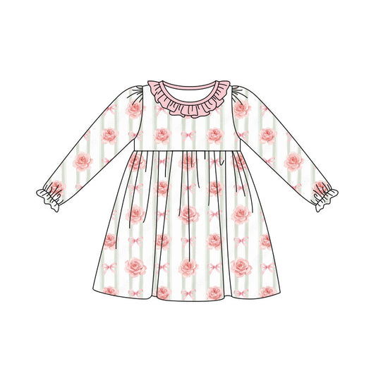 Preorder (moq 5) Baby Girl Clothes Rose Bow Stripe Print Long Sleeve Ruffle Neck Dress