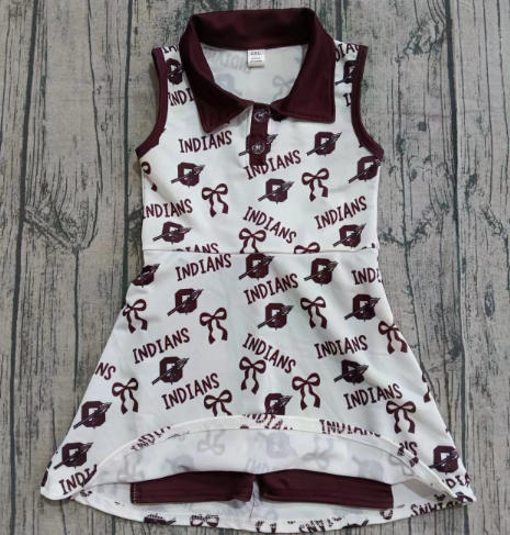 Preorder (moq 5)Baby Girls Dark Red Sleeveless Bows Indians Shorts Team Knee Length Dress