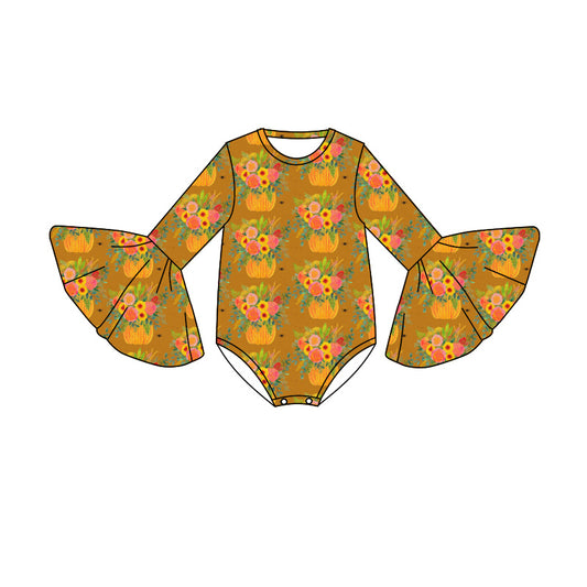 Preorder (moq 5)Baby Girls Bell Sleeve Flowers Pumpkins Fall Ruffle Rompers