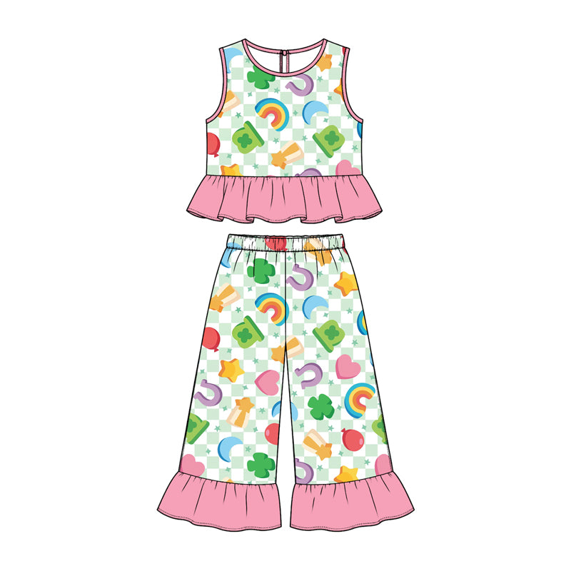 Preorder (moq 5) Baby Girl Clothes St Patrick's Day Rainbow Clover Checkered Print Sleeveless Ruffle Top Flare Pant Set