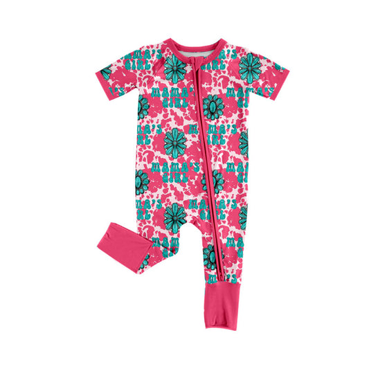 Preorder (moq 5)Baby Mama's Girl Turquoises Cow Print Western Two Way Zip Convertible Rompers