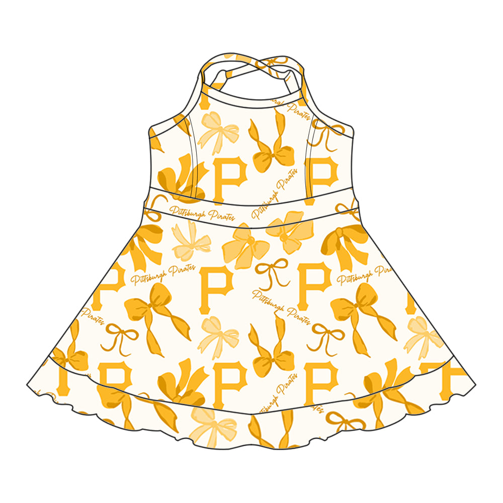 Preorder (moq 5)Baby Girls Yellow Strap Bows Plaid P Short Ruffle Team Knee Length Dresses