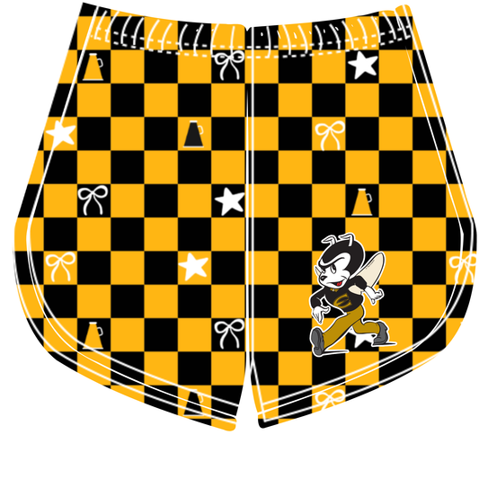 Preorder (moq 5)Baby Girls Black Mustard Checked Corky the Hornet Cheer Team Shorts Bottoms