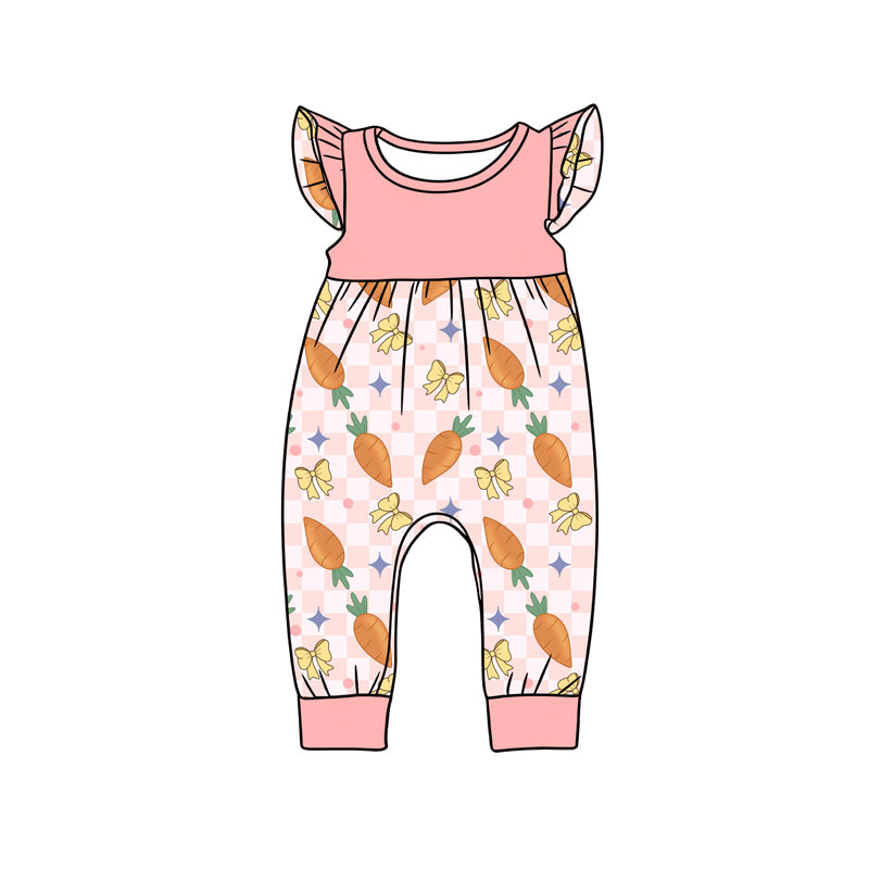 Preorder (moq 5)Baby Girls Flutter Sleeve Peach Checked Carrots Bows Easter Footie Rompers