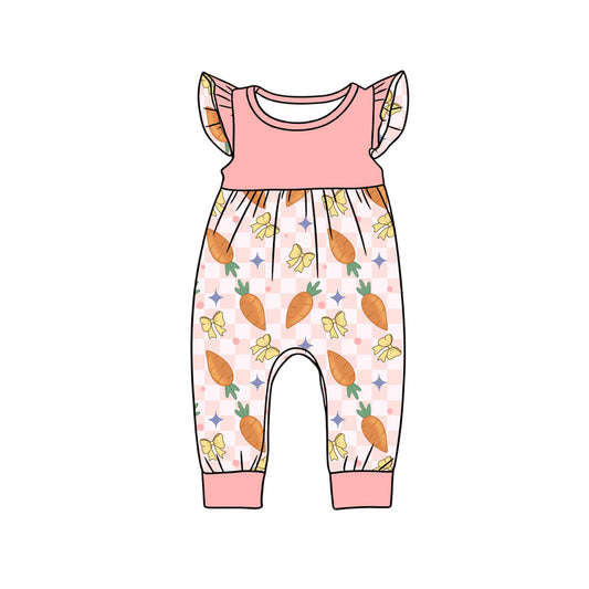 Preorder (moq 5)Baby Girls Flutter Sleeve Peach Checked Carrots Bows Easter Footie Rompers