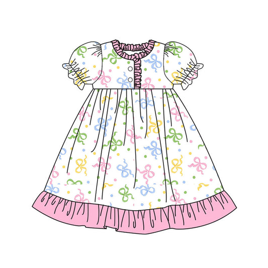 Preorder(moq 8)Baby Girls Colorful Bows Polka Dots Button Ruffle Knee Length Dresses