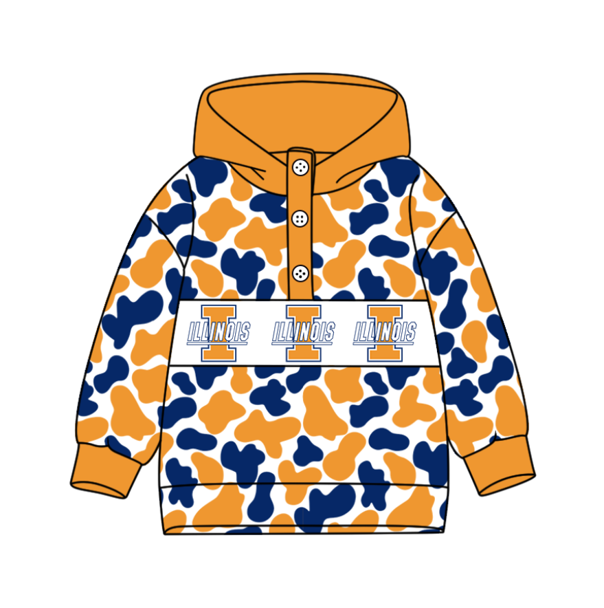 Preorder(moq 8)Baby Boys Yellow Blue Camo ILLINOIS Team Button Hoodies Top