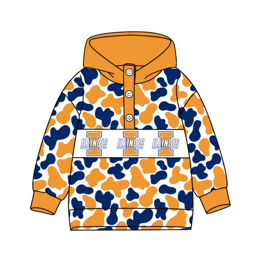 Preorder(moq 8)Baby Boys Yellow Blue Camo ILLINOIS Team Button Hoodies Top