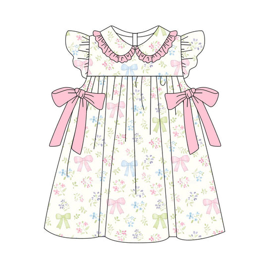 Preorder(moq 5) Baby Girls Flutter Sleeve Flowers Bows Knee Length Dresses