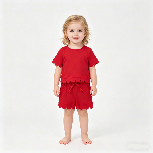 Baby Girls Red Short Sleeve Top Pockets Shorts Cotton Scallop Clothes Sets