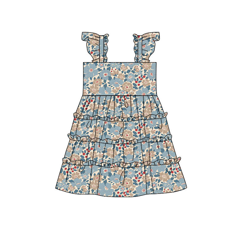 Preorder (moq 5)Baby Girls Flutter Sleeve Colorful Flowers Patchwork Knee Length Dresses