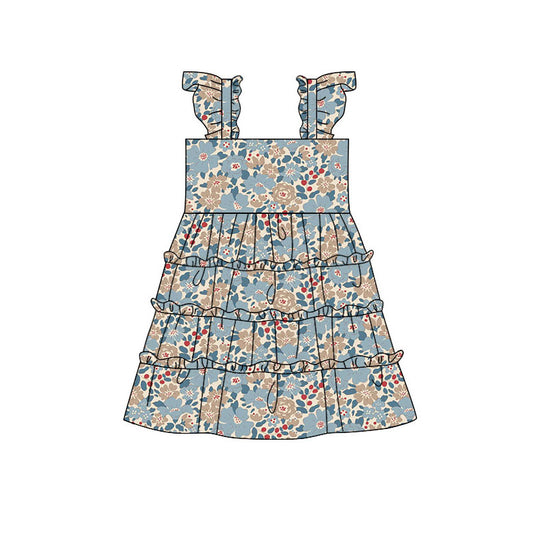 Preorder (moq 5)Baby Girls Flutter Sleeve Colorful Flowers Patchwork Knee Length Dresses