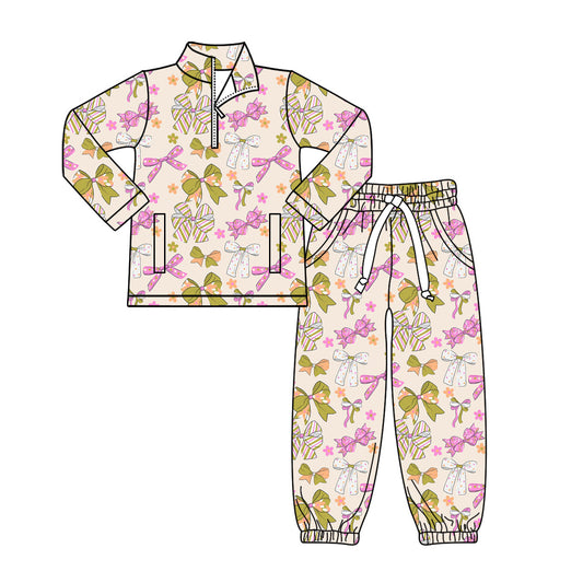 Preorder(moq 8)Baby Girls Bows Flowers Zipper Pockets Pullovers Jogger Pant Clothes Sets