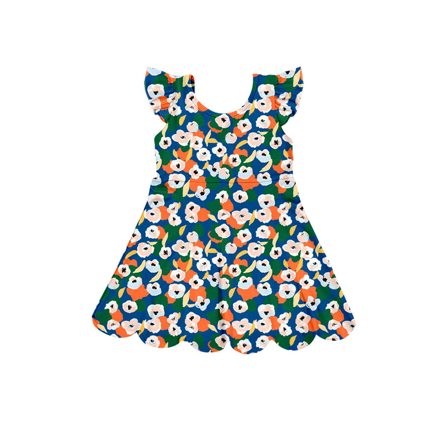 Preorder (moq 5)Baby Girls Flutter Sleeve Colorful Floral Scallop Knee Length Dresses