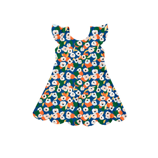 Preorder (moq 5)Baby Girls Flutter Sleeve Colorful Floral Scallop Knee Length Dresses