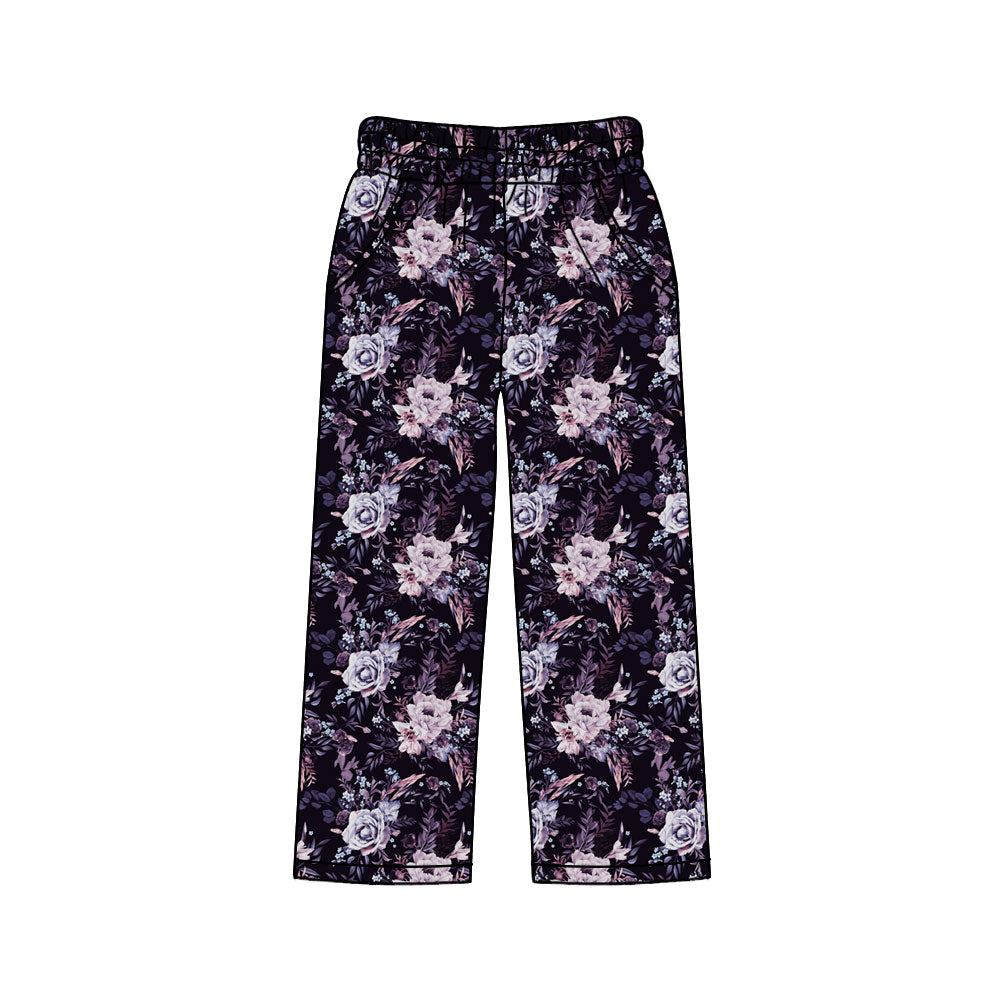 Preorder (moq 5)Adult Women Purple Flowers Straight Pockets Pants Bottom