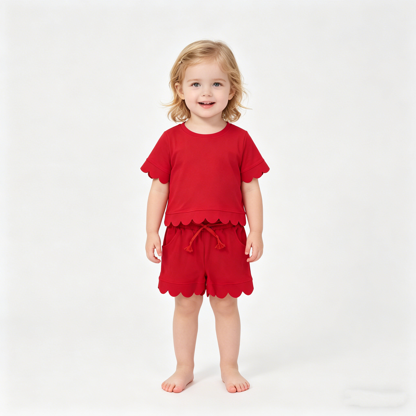 Mama and Me Girls Red Top Pockets Short Scallop Cotton Clothes Sets
