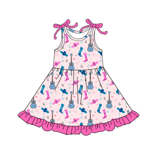Preorder (moq 5)Baby Girls Bows Sleeveless Hats Boot Guitars Western Ruffle Knee Length Dresses