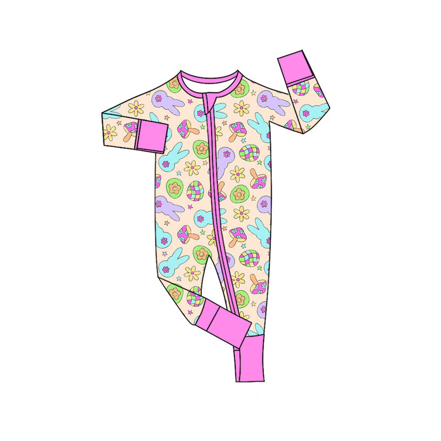 Preorder (moq 5)Baby Girls Colorful Rabbits Eggs Easter Two Way Zip Convertible Rompers