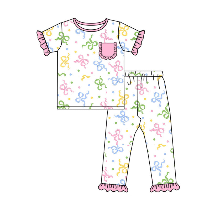 Preorder(moq 8)Baby Girls Colorful Bows Polka Dots Pocket Top Ruffle Pants Pajamas Sets