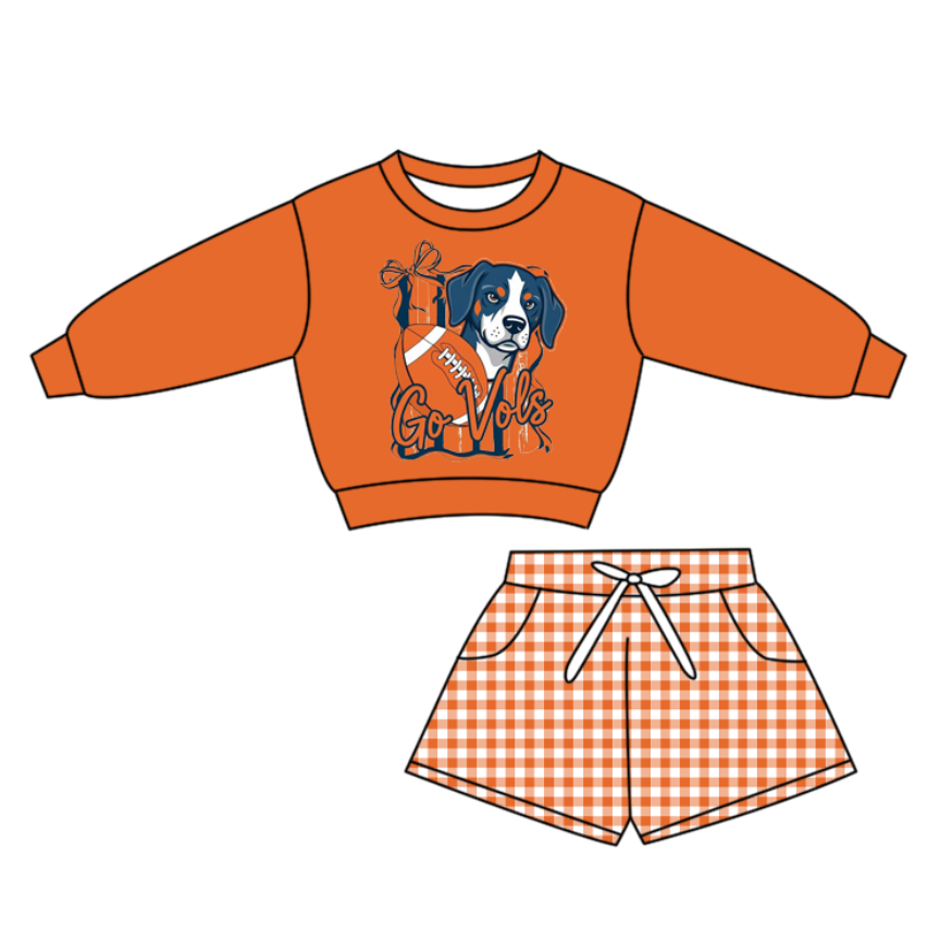 Preorder(moq 5) Baby Boys Dogs Footballs Orange Checked Pockets Shorts Team Clothes Sets
