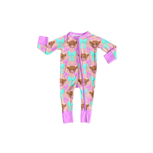 Preorder (moq 5)Baby Girls Bows Cows Western Two Way Zip Convertible Rompers