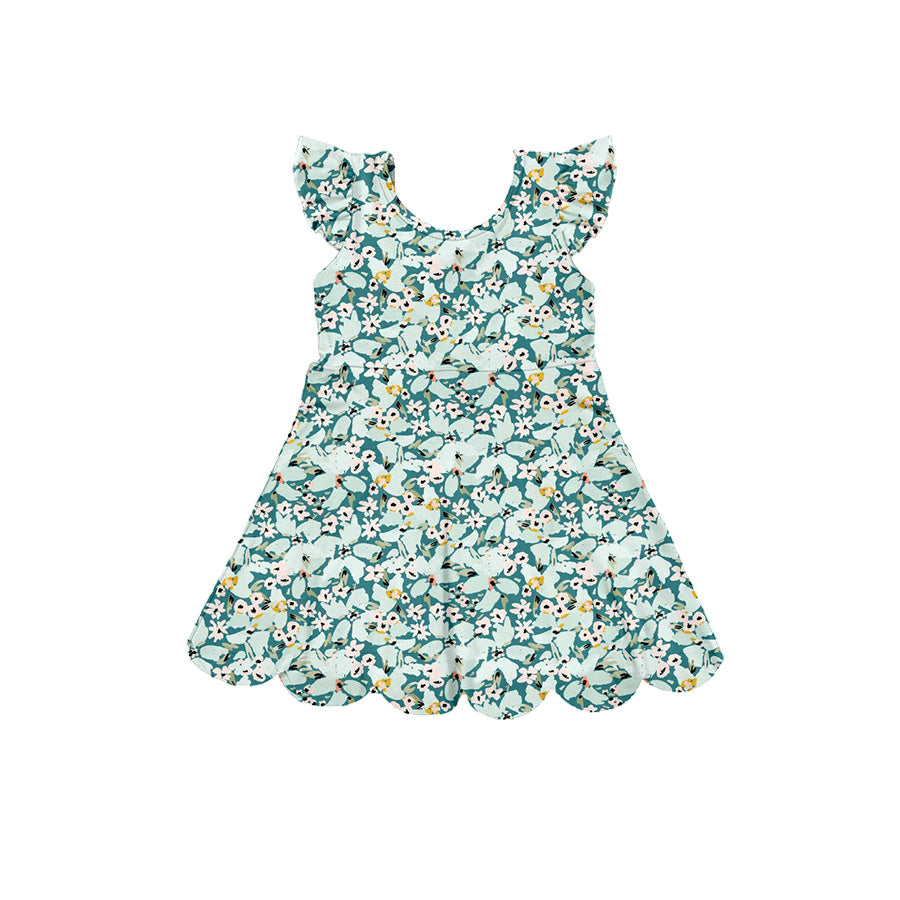 Preorder (moq 5)Baby Girls Flutter Sleeve Colorful Floral Scallop Knee Length Dresses