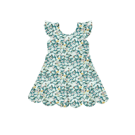 Preorder (moq 5)Baby Girls Flutter Sleeve Colorful Floral Scallop Knee Length Dresses