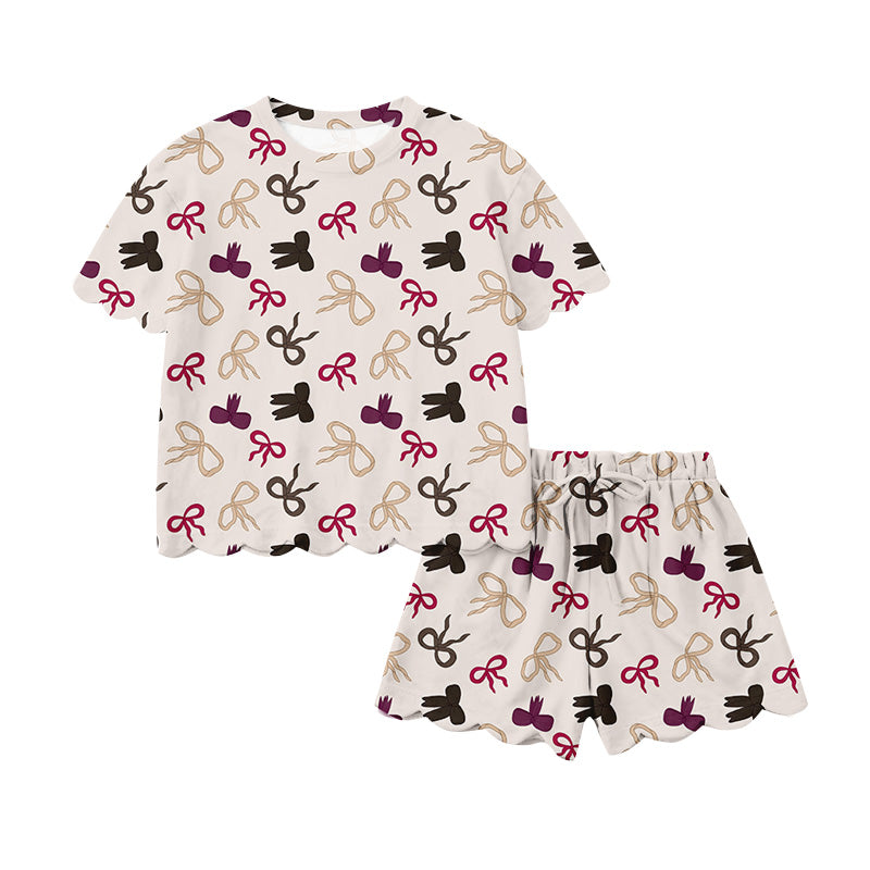 Preorder (moq 5)Baby Girls Colorful Bows Top Scallop Shorts Clothes Sets