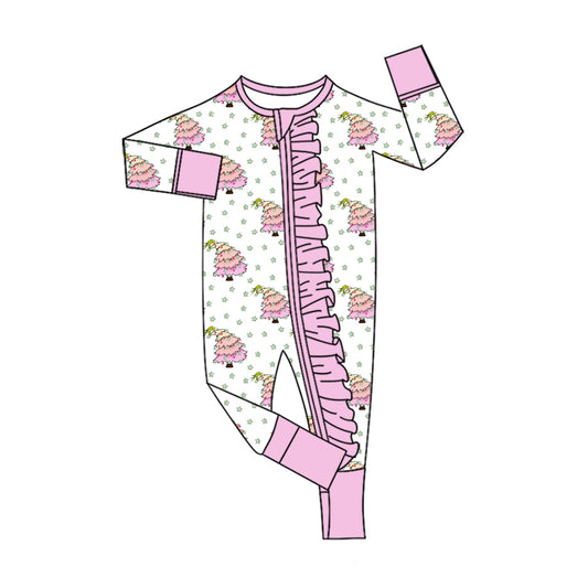 Preorder (moq 5) Baby Girls Stars Trees Christmas Two Way Ruffle Zip Convertible Rompers